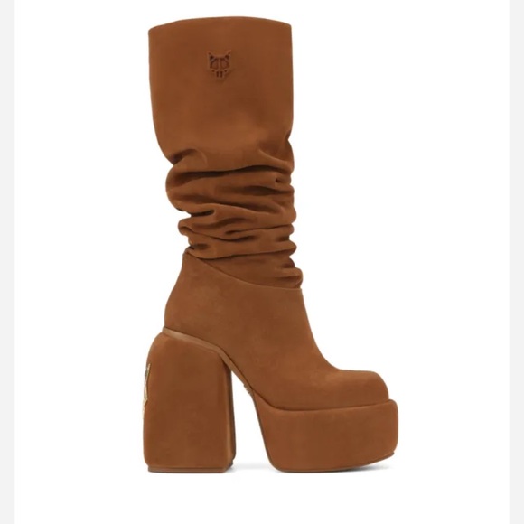 NAKED WOLFE Tan Genuine Suede Leather Platform Knee-High Boots - Picture 2 of 9
